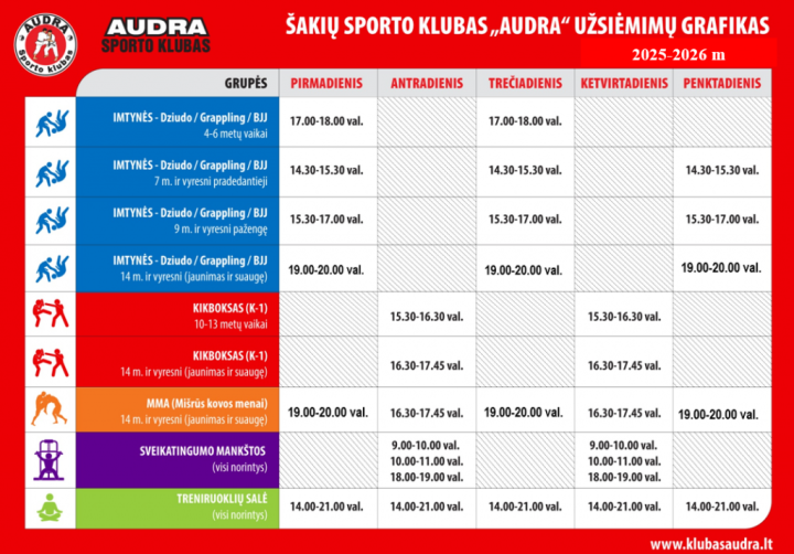 Šakių sporto klubo „Audra“ užsiėmimų grafikas 2025-2026 m.